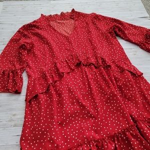  V Neck Ruffle Polka Dot Pocket Loose Swing Casual